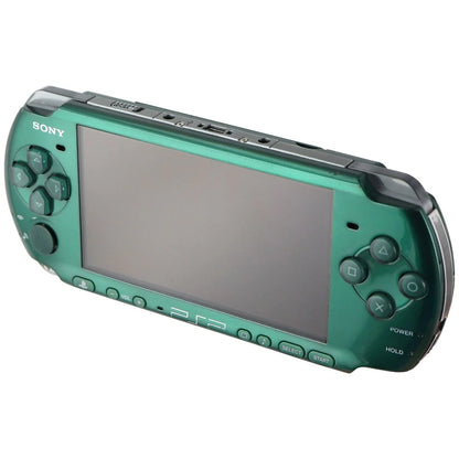 PlayStation Portable 3000 Spirited Green handheld console with vibrant emerald shell, slim design, and bright LCD screen for UMD games, music, and movies, good condition 