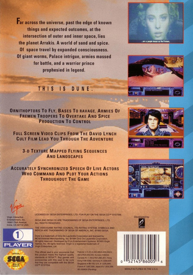 Dune Sega CD strategy adventure game real time strategy exploration Arrakis spice harvesting Frank Herbert sci fi Dune universe political intrigue house Atreides gameplay cinematic cutscenes retro gaming Sega CD software video game title back cover art