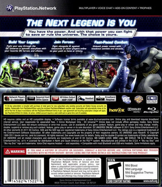 DC Universe Online PlayStation 3 MMORPG massively multiplayer online superhero action video game create-your-own-hero villain DC Comics universe Superman Batman Joker factions iconic villains missions combat co-op back cover