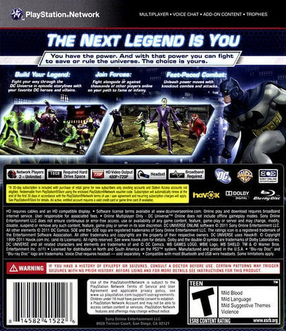 DC Universe Online PlayStation 3 MMORPG massively multiplayer online superhero action video game create-your-own-hero villain DC Comics universe Superman Batman Joker factions iconic villains missions combat co-op back cover