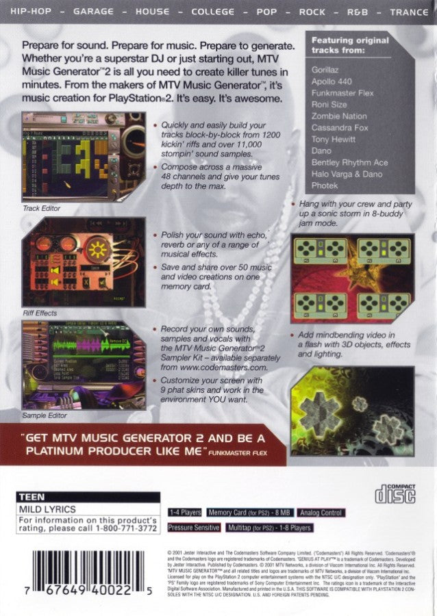 MTV Music Generator 2 – PlayStation 2 (PS2) music creation simulation video game back of case