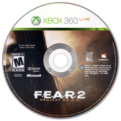 F E A R 2 Project Origin for Xbox 360 first person shooter survival horror video game featuring intense supernatural combat psychological terror cinematic storytelling and dark atmospheric gameplay experience disc