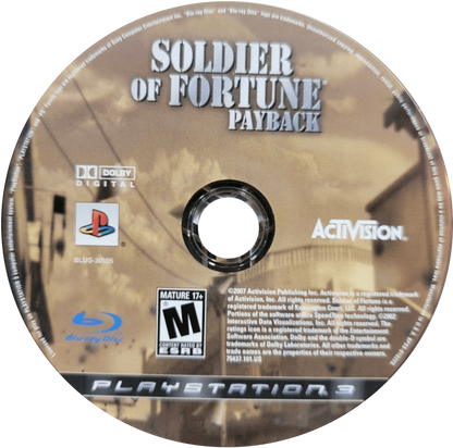 Retro Soldier of Fortune Payback PS3 inspired design featuring military first person shooter aesthetic intense tactical combat brutal firefights global mercenary missions realistic modern warfare action gritty cinematic FPS gameplay nostalgic HD era presentation disc