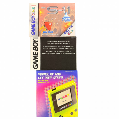Project S-11 Game Boy Color GBC video game featuring vertical scrolling shoot em up gameplay spaceship combat enemy waves power ups challenging stages boss battles and classic handheld arcade action retro video game collection collectible gaming appeal manuals and inserts