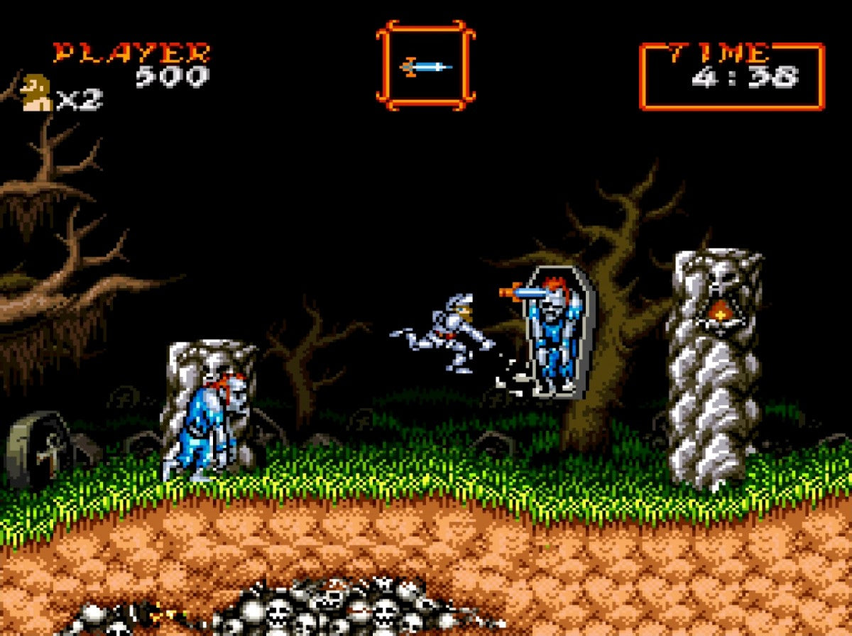 Retro Super Ghouls n Ghosts SNES inspired design featuring classic side scrolling action platformer aesthetic dark fantasy monsters medieval knight armor challenging arcade gameplay gothic horror atmosphere nostalgic Super Nintendo presentation gameplay