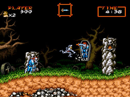 Retro Super Ghouls n Ghosts SNES inspired design featuring classic side scrolling action platformer aesthetic dark fantasy monsters medieval knight armor challenging arcade gameplay gothic horror atmosphere nostalgic Super Nintendo presentation gameplay