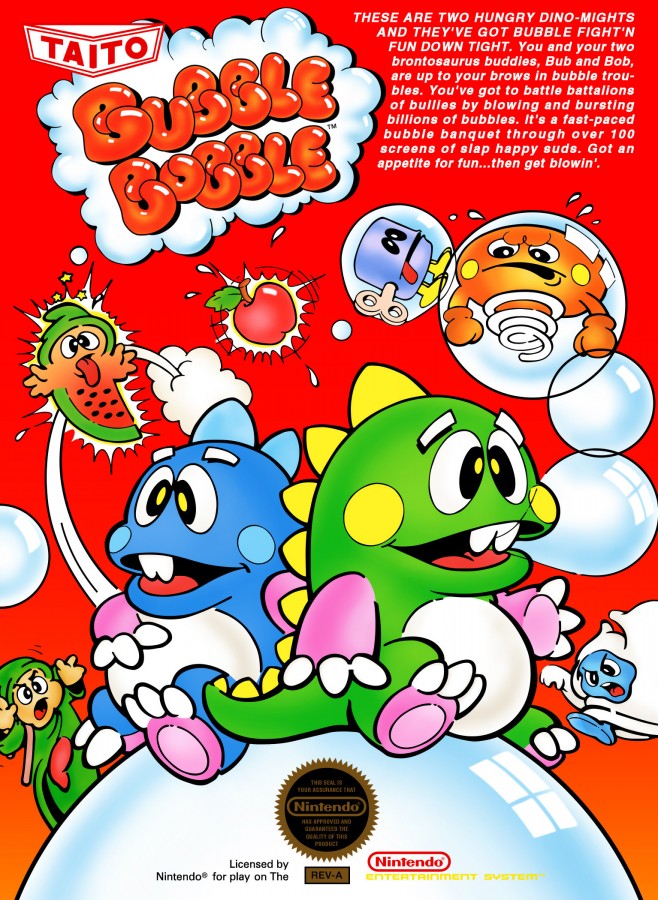 Bubble Bobble Nintendo Entertainment System NES for retro video game enthusiasts featuring classic arcade platforming gameplay bubble trapping mechanics cooperative multiplayer action colorful fantasy stages charming dinosaur characters enemy filled levels and collectible gaming appeal cover art 