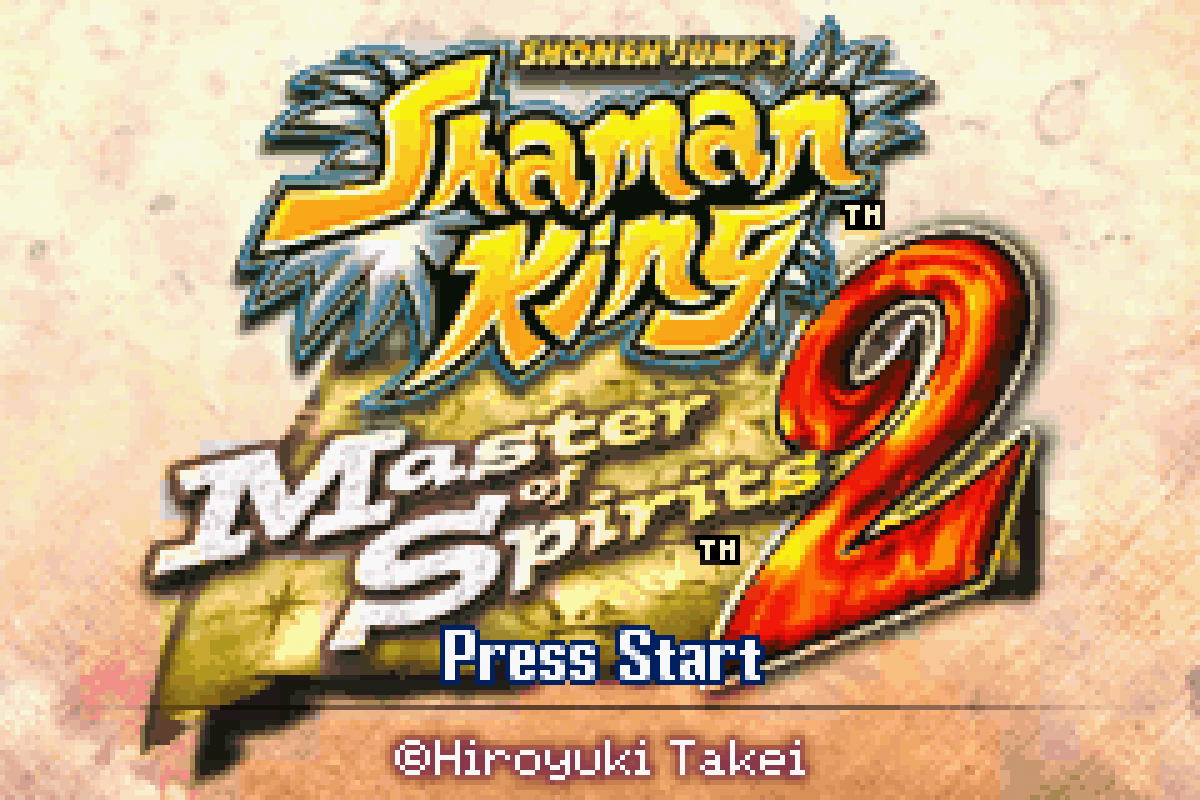 Shaman King Master of Spirits 2 for Game Boy Advance (GBA), title screen for a retro video game featuring action platforming gameplay, spirit-based combat, anime-inspired storyline, character progression, and side-scrolling adventure