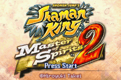 Shaman King Master of Spirits 2 for Game Boy Advance (GBA), title screen for a retro video game featuring action platforming gameplay, spirit-based combat, anime-inspired storyline, character progression, and side-scrolling adventure