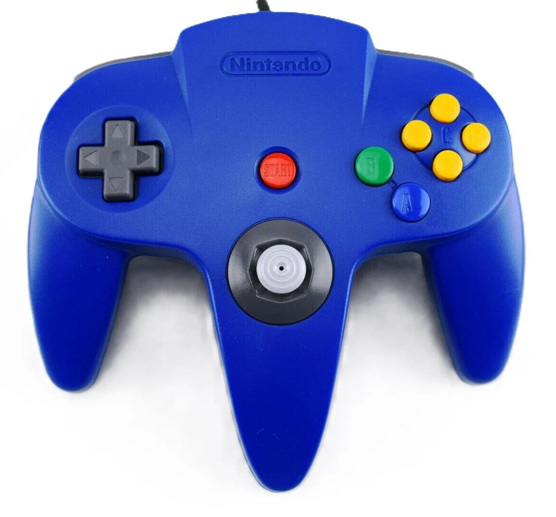 Top view of the blue Nintendo 64 controller, showing joystick, D-pad, action buttons, and ergonomic design for comfortable gameplay