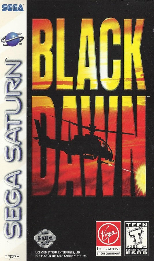 Black Dawn Sega Saturn first person helicopter combat simulator sci fi military shooter aerial missions cockpit view fast paced arcade style action enemy bases destruction objectives retro gaming Sega Saturn software video game title cover art