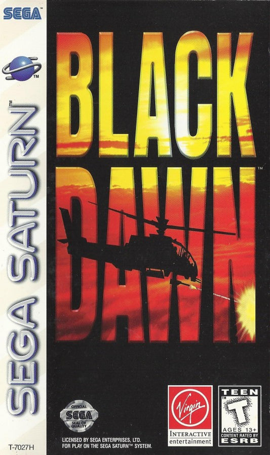 Black Dawn Sega Saturn first person helicopter combat simulator sci fi military shooter aerial missions cockpit view fast paced arcade style action enemy bases destruction objectives retro gaming Sega Saturn software video game title cover art