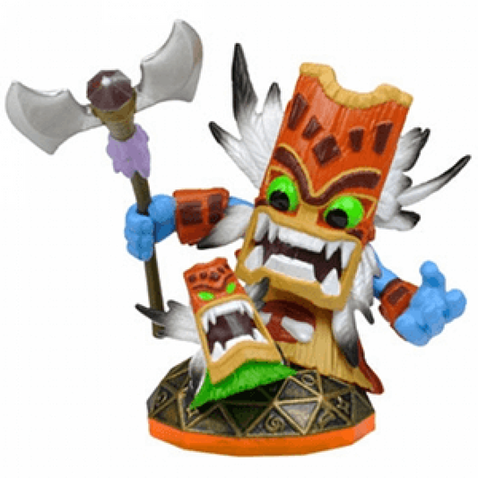 Double Trouble Series 2 Skylanders Giants figure, magic element tiki shaman with blue skin, tribal mask, and twin snake-headed staff, posed casting spell with mystical energy details, detailed collectible toy on portal base from Skylanders Giants series