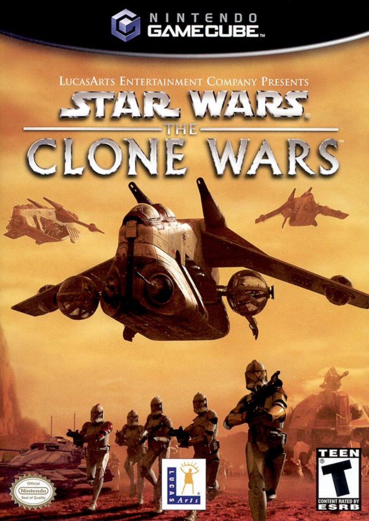 Star Wars The Clone Wars Nintendo GameCube GC for action adventure video game fans featuring Clone Wars battles Jedi and clone troopers vehicle combat lightsaber action blaster weapons multiplayer missions iconic Star Wars characters and cinematic galactic warfare collectible gaming appeal front cover art