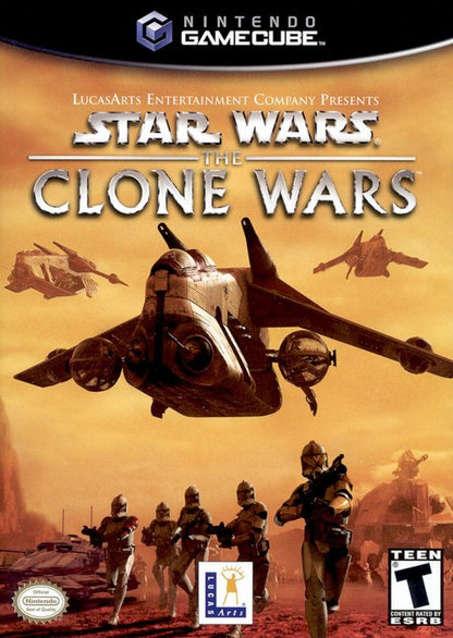 Star Wars The Clone Wars Nintendo GameCube GC for action adventure video game fans featuring Clone Wars battles Jedi and clone troopers vehicle combat lightsaber action blaster weapons multiplayer missions iconic Star Wars characters and cinematic galactic warfare collectible gaming appeal front cover art