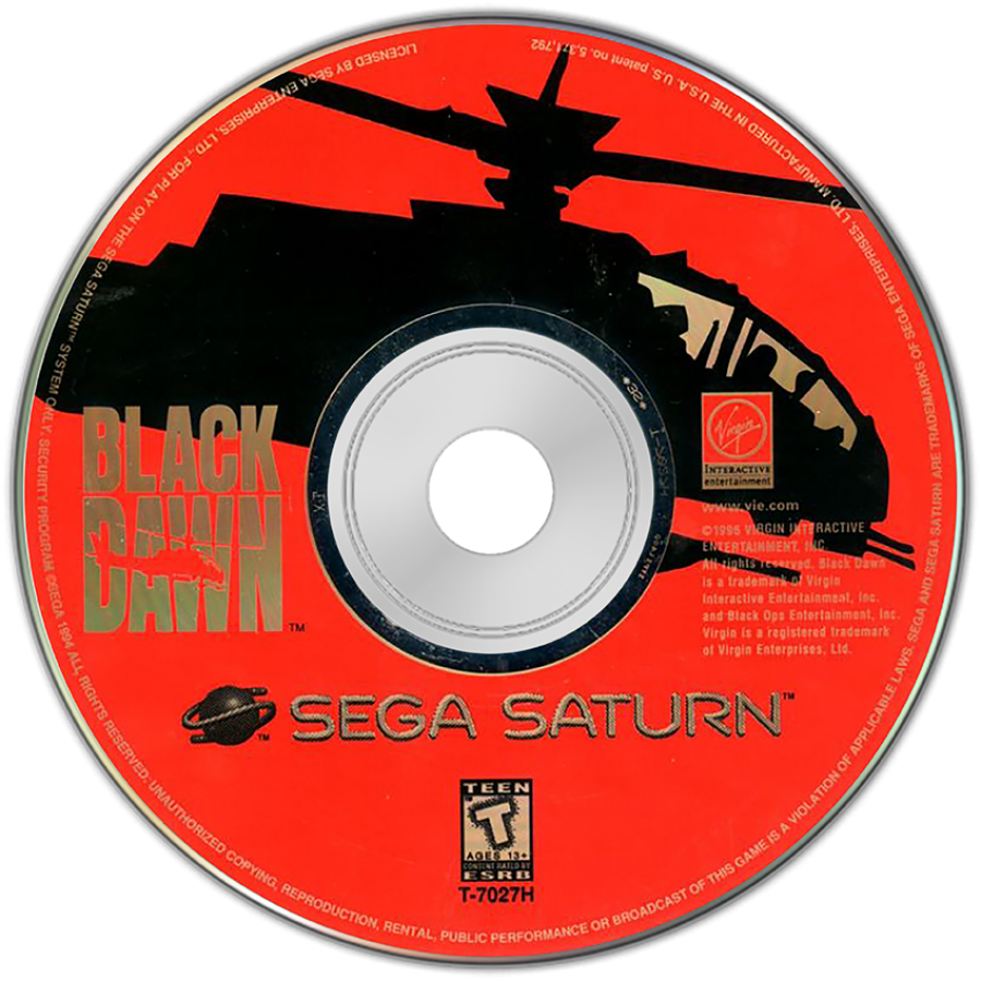Black Dawn Sega Saturn first person helicopter combat simulator sci fi military shooter aerial missions cockpit view fast paced arcade style action enemy bases destruction objectives retro gaming Sega Saturn software video game title disc