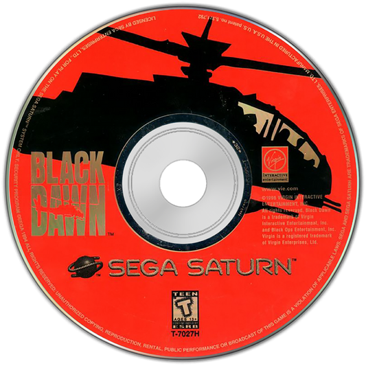 Black Dawn Sega Saturn first person helicopter combat simulator sci fi military shooter aerial missions cockpit view fast paced arcade style action enemy bases destruction objectives retro gaming Sega Saturn software video game title disc