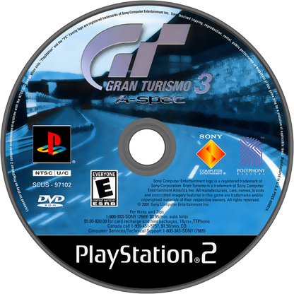 Gran Turismo 3 A Spec PS2 Sony PlayStation 2 racing simulation game car racing simulator driving realism motorsport Gran Turismo series Polyphony Digital classic racing game retro PlayStation 2 software driving game title disc