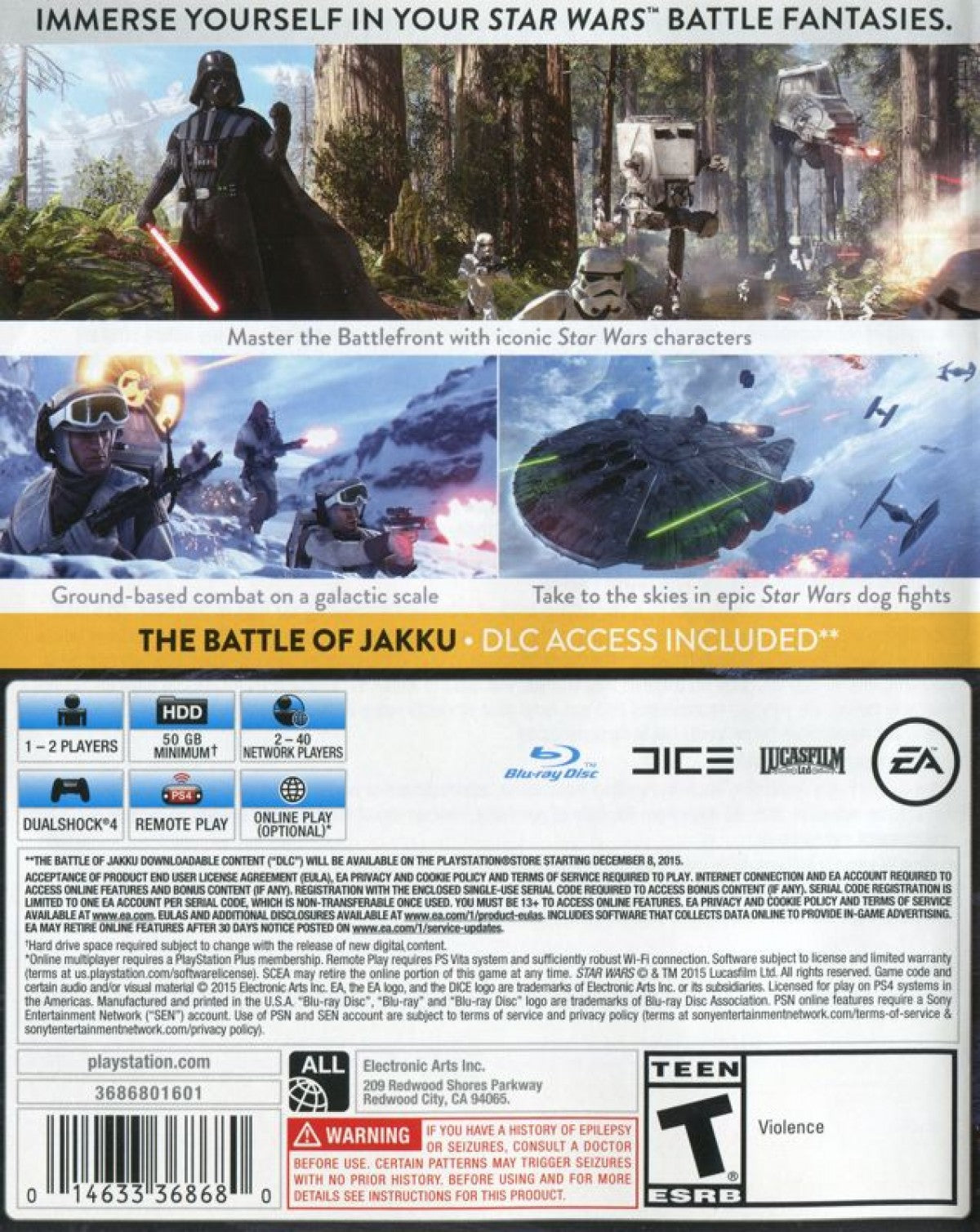 Star Wars Battlefront [Playstation Hits] back cover art for PlayStation 4 (PS4) video game. 