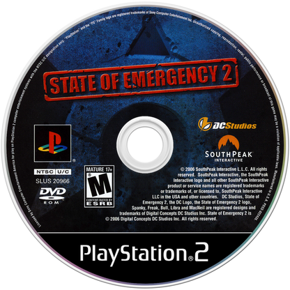 State of Emergency 2 PlayStation 2 PS2 for retro video game enthusiasts featuring action shooter gameplay third person combat urban crime missions intense firefights story driven objectives explosive action environments and collectible gaming appeal disc