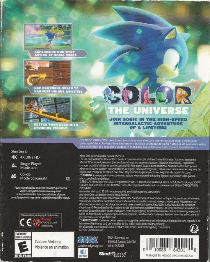 Sonic Colors: Ultimate – Xbox One (XONE) back of case for action-platformer video game