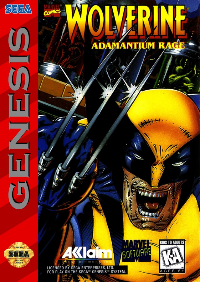 Wolverine Adamantium Rage Sega Genesis side-scrolling action-platformer video game featuring Marvel's clawed mutant with regenerative health system cover art