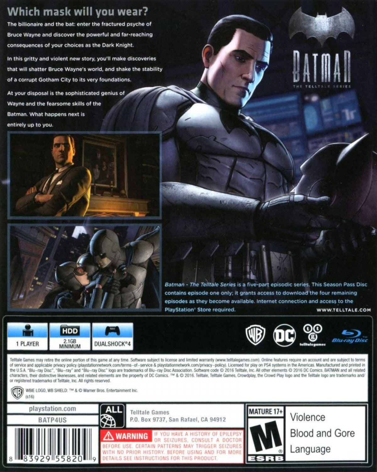Batman The Telltale Series for PlayStation 4 episodic narrative adventure video game featuring choice driven storytelling cinematic presentation iconic DC characters and immersive dark knight experience back cover