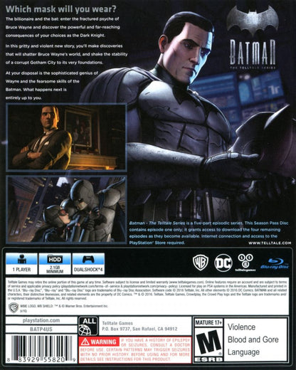 Batman The Telltale Series for PlayStation 4 episodic narrative adventure video game featuring choice driven storytelling cinematic presentation iconic DC characters and immersive dark knight experience back cover