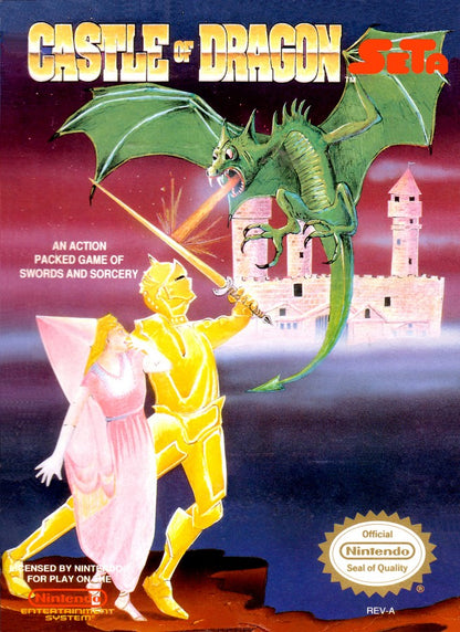 Castle of Dragon Nintendo Entertainment System NES video game featuring medieval action gameplay knight combat sword fighting castle exploration enemy battles challenging stages fantasy adventure and classic 8 bit gameplay retro video game collection collectible gaming appeal front cover art