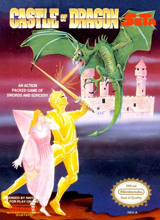 Castle of Dragon Nintendo Entertainment System NES video game featuring medieval action gameplay knight combat sword fighting castle exploration enemy battles challenging stages fantasy adventure and classic 8 bit gameplay retro video game collection collectible gaming appeal front cover art