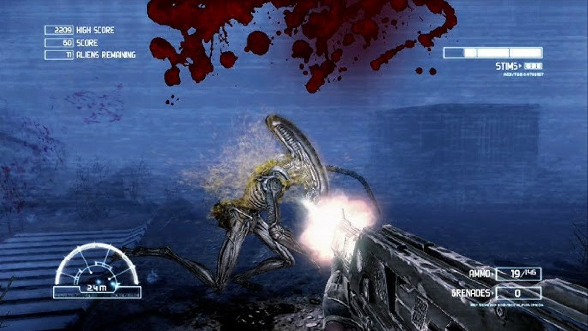 Retro Aliens vs Predator Xbox 360 inspired design featuring sci fi horror shooter aesthetic vintage HD era alien xenomorph marine predator jungle facility survival combat tense atmospheric action cinematic franchise crossover nostalgic FPS presentation gameplay