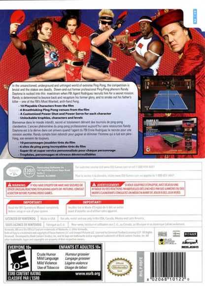 Retro Balls of Fury Wii inspired design featuring comedic table tennis action aesthetic motion controlled gameplay quirky martial arts humor over the top ping pong battles colorful arcade style sports entertainment nostalgic Nintendo Wii presentation back cover art