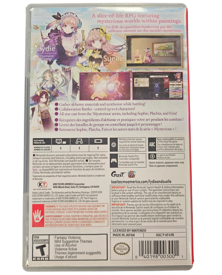 Atelier Lydie & Suelle Nintendo Switch for role playing video game fans featuring turn based combat alchemy crafting colorful anime inspired visuals fantasy adventure character progression item synthesis exploration engaging JRPG gameplay collectible gaming appeal box art back