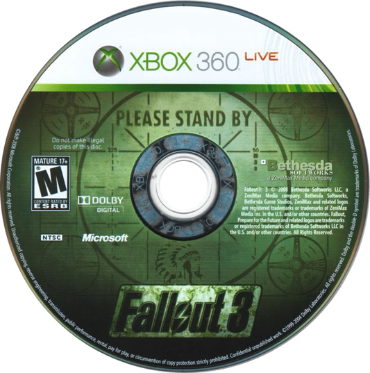 Fallout 3 disc for Xbox 360 (X360) post-apocalyptic role-playing video game