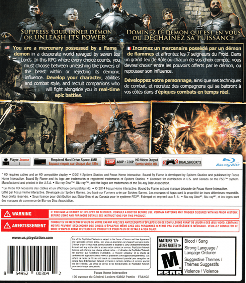 Bound by Flame back cover for Playstation 3 (PS3) action video game. 