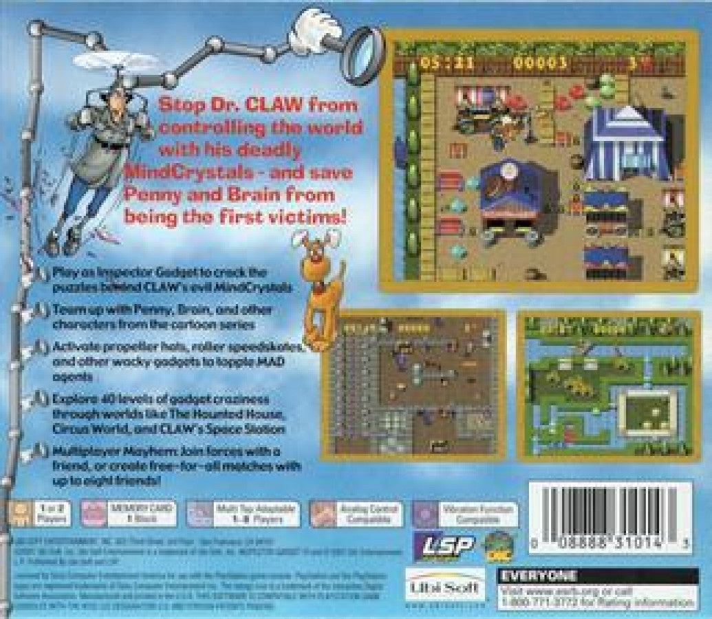 Inspector Gadget PlayStation PS1 for action adventure video game fans featuring platforming gameplay crime solving missions iconic cartoon characters gadget powered abilities puzzle solving colorful environments family friendly action collectible gaming appeal back cover art