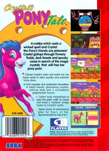 Crystal's Pony Tale Sega Genesis for retro video game enthusiasts featuring colorful fantasy adventure gameplay charming pony characters side scrolling exploration magical quests family friendly platforming challenges whimsical storybook environments and collectible gaming appeal back art 