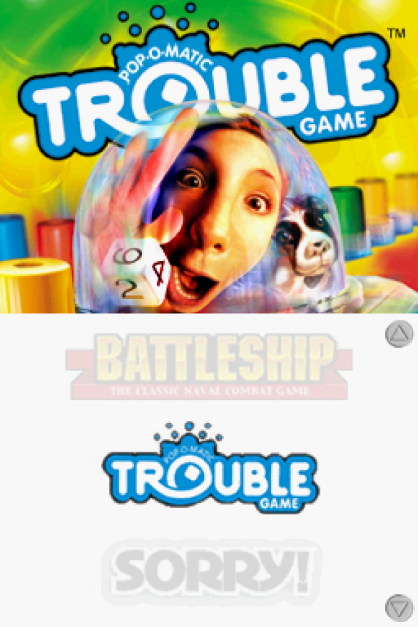Battleship / Connect Four / Sorry / Trouble for Nintendo DS (DS), title screen for a retro video game featuring classic board game adaptations, strategy gameplay, multiplayer modes, puzzle challenges, and family-friendly competitive fun