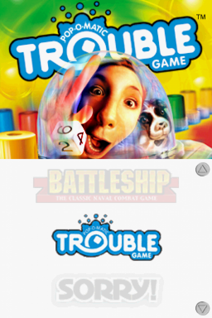 Battleship / Connect Four / Sorry / Trouble for Nintendo DS (DS), title screen for a retro video game featuring classic board game adaptations, strategy gameplay, multiplayer modes, puzzle challenges, and family-friendly competitive fun