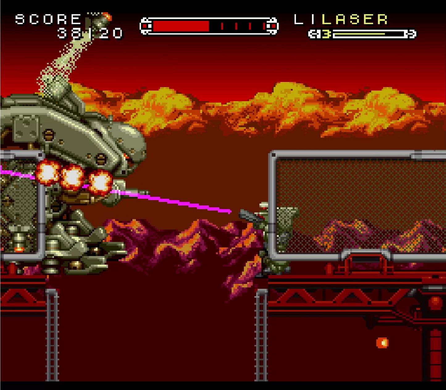 Cybernator Super Nintendo SNES side scrolling shooter mech action run and gun futuristic warfare robot combat platform shooting Konami classic retro 16 bit gaming Super Nintendo Entertainment System software video game title gameplay
