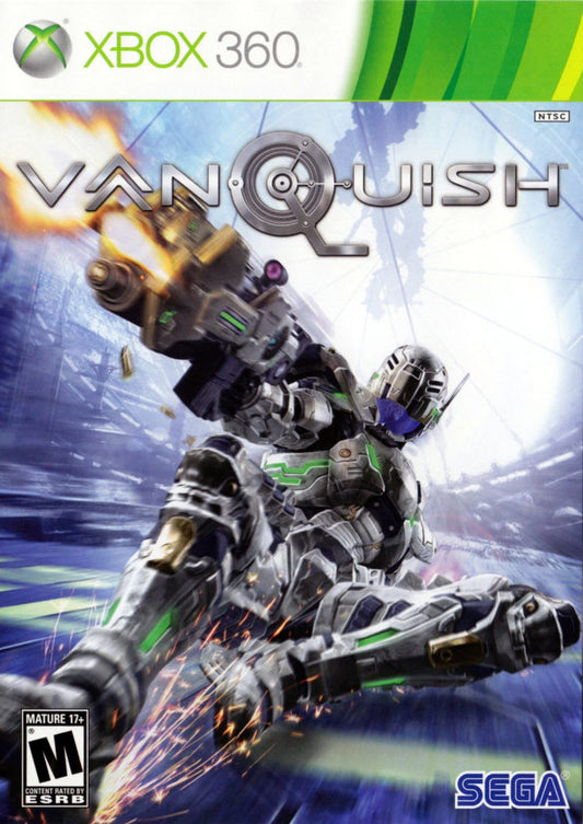 Retro Vanquish Xbox 360 inspired design featuring high speed sci fi third person shooter aesthetic vintage HD era futuristic powered armor sliding combat bullet time action explosive robot warfare sleek industrial sci fi battlefield nostalgic PlatinumGames presentation cover art 