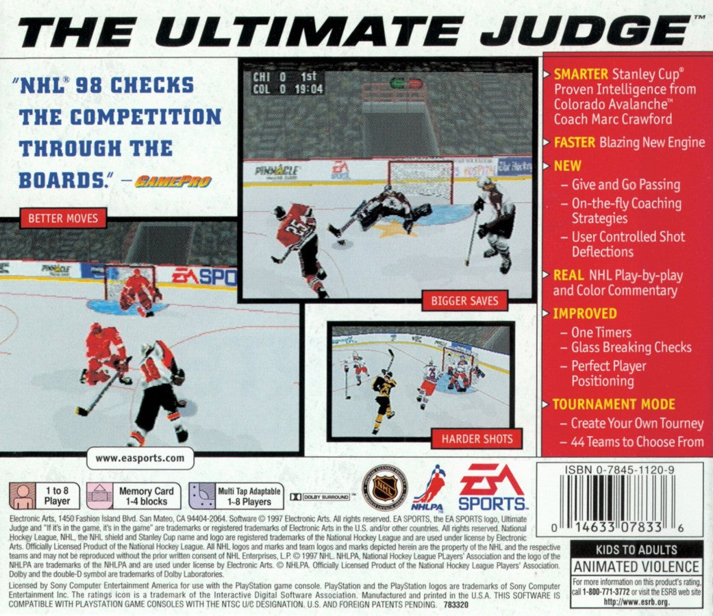NHL 98 PlayStation 1 PS1 video game, ice hockey sports simulation, classic NHL teams and players, arcade-style gameplay back cover
