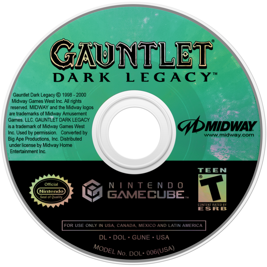 Gauntlet Dark Legacy disc art for GameCube (GC) featuring cooperative action RPG gameplay and classic dungeon crawling adventure