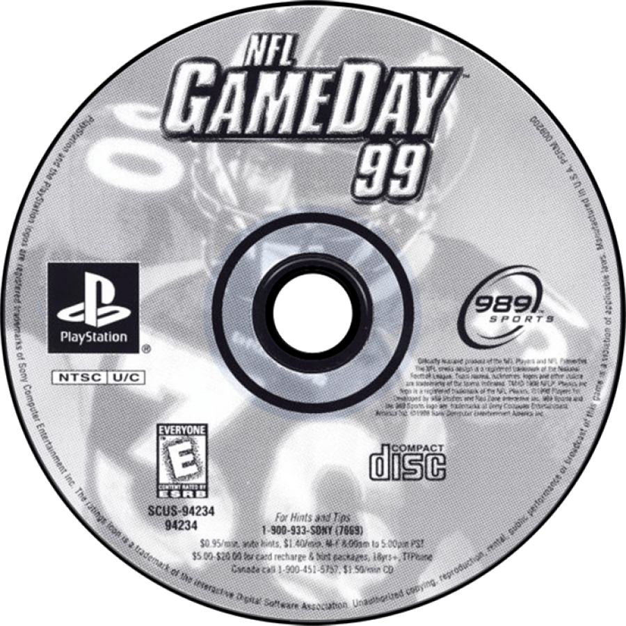 NFL GameDay 99 game for the PlayStation featuring American football gameplay with realistic team rosters season modes play calling mechanics and broadcast style presentation representing the 1998 NFL season disc