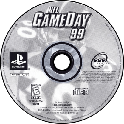 NFL GameDay 99 game for the PlayStation featuring American football gameplay with realistic team rosters season modes play calling mechanics and broadcast style presentation representing the 1998 NFL season disc
