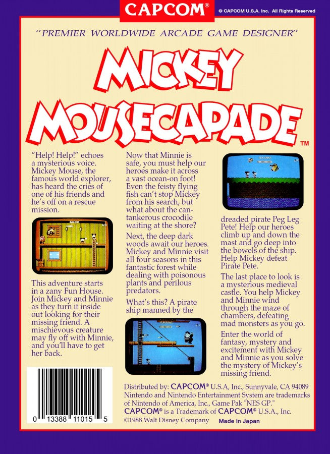 Mickey Mousecapade retro NES video game Mickey Mousecapade Disney action adventure platform gameplay cartoon characters cooperative gameplay classic console title Nintendo Entertainment System release back of case