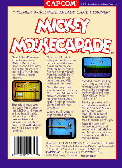 Mickey Mousecapade retro NES video game Mickey Mousecapade Disney action adventure platform gameplay cartoon characters cooperative gameplay classic console title Nintendo Entertainment System release back of case