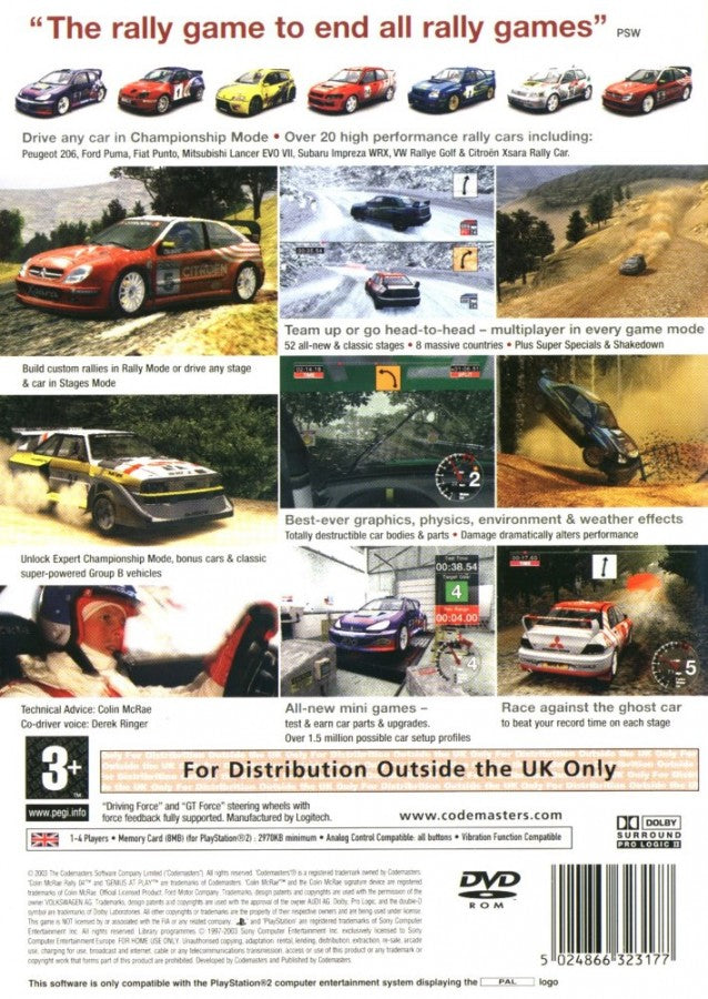 Colin McRae Rally 04 PAL Version for PlayStation 2 with realistic rally racing and off-road driving theme back cover art