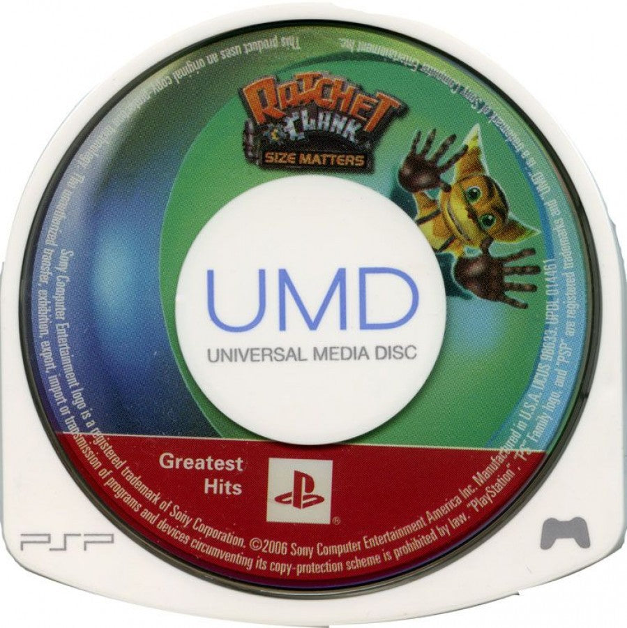 Ratchet & Clank Size Matters Greatest Hits for PlayStation Portable, disc for an action platformer video game with third-person shooting, gadget-based gameplay, mission-based progression, and sci-fi adventure