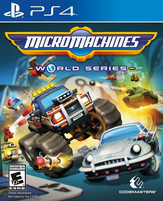 Micro Machines World Series PlayStation 4 PS4 arcade racing video game miniature vehicles household environments kitchen table garden workshop multiplayer chaos up to 12 players online four player local split-screen unique vehicle abilities special weapons power-ups Hasbro integration NERF blasters G.I. JOE tank Battle Mode arenas Capture the Flag King of the Hill modes cover art